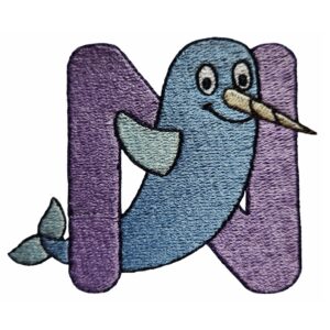 Animal Alphabet N with a narwhal machine embroidery design