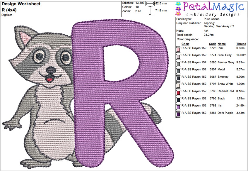 Animal Alphabet R Filled Stitch Design - Image 3