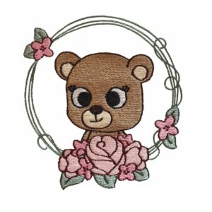 Cute bear in flower wreath machine embroidery design