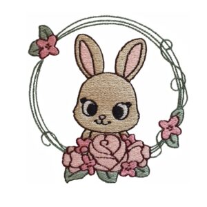 Cute bunny in flower wreath machine embroidery design
