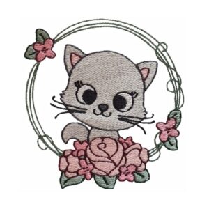 Cute cat in flower wreath machine embroidery design