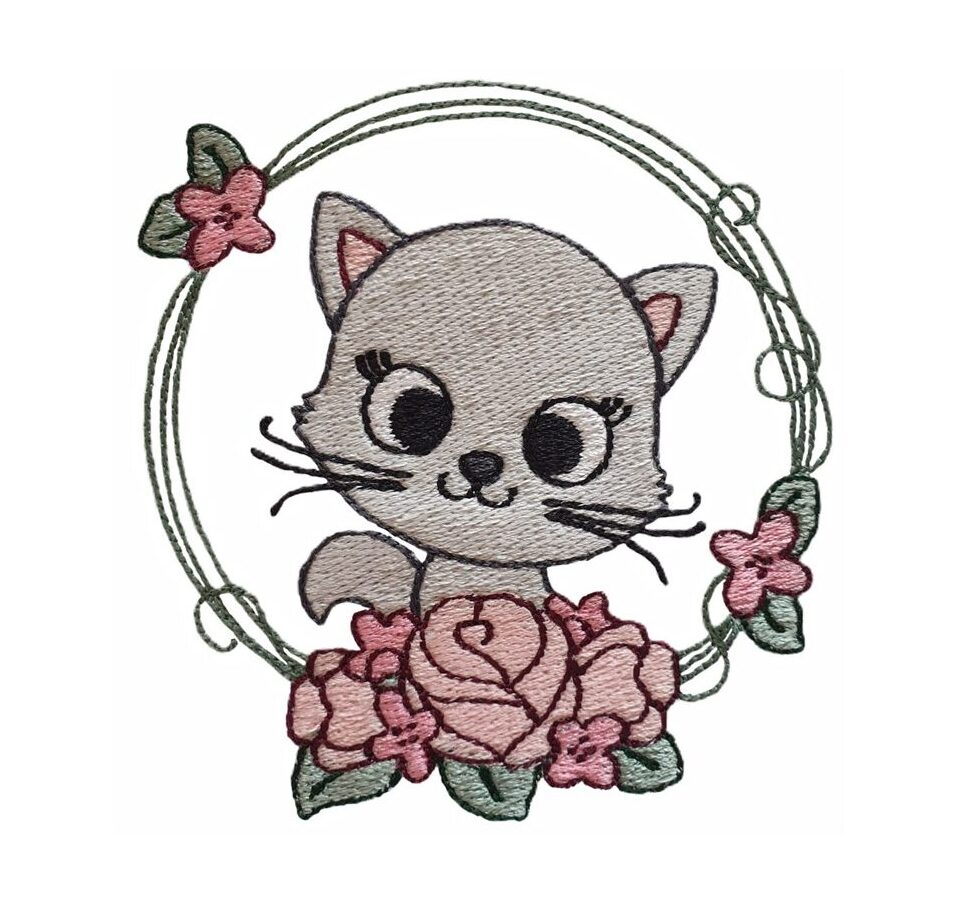 Cute cat in flower wreath machine embroidery design