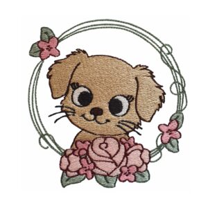 Cute dog in flower wreath machine embroidery design