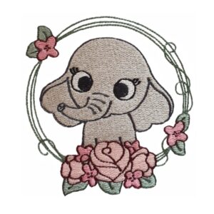 Cute elephant in flower wreath machine embroidery design