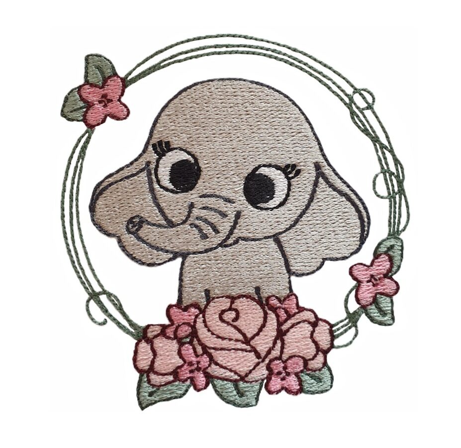 Cute elephant in flower wreath machine embroidery design
