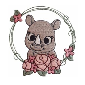 Cute rhino in flower wreath machine embroidery design