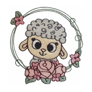 Cute sheep in flower wreath machine embroidery design