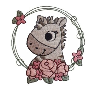 Cute zebra in flower wreath machine embroidery design