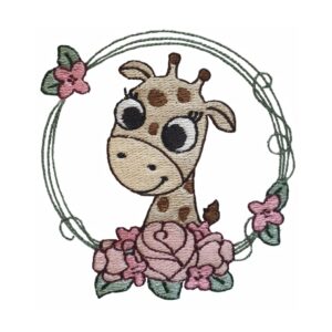 Cute giraffe in flower wreath machine embroidery design
