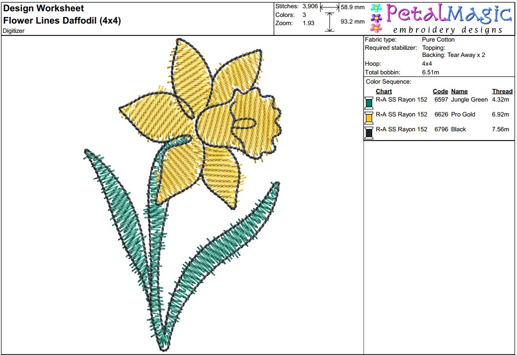Flower Lines Daffodil Filled Stitch Design - Image 3